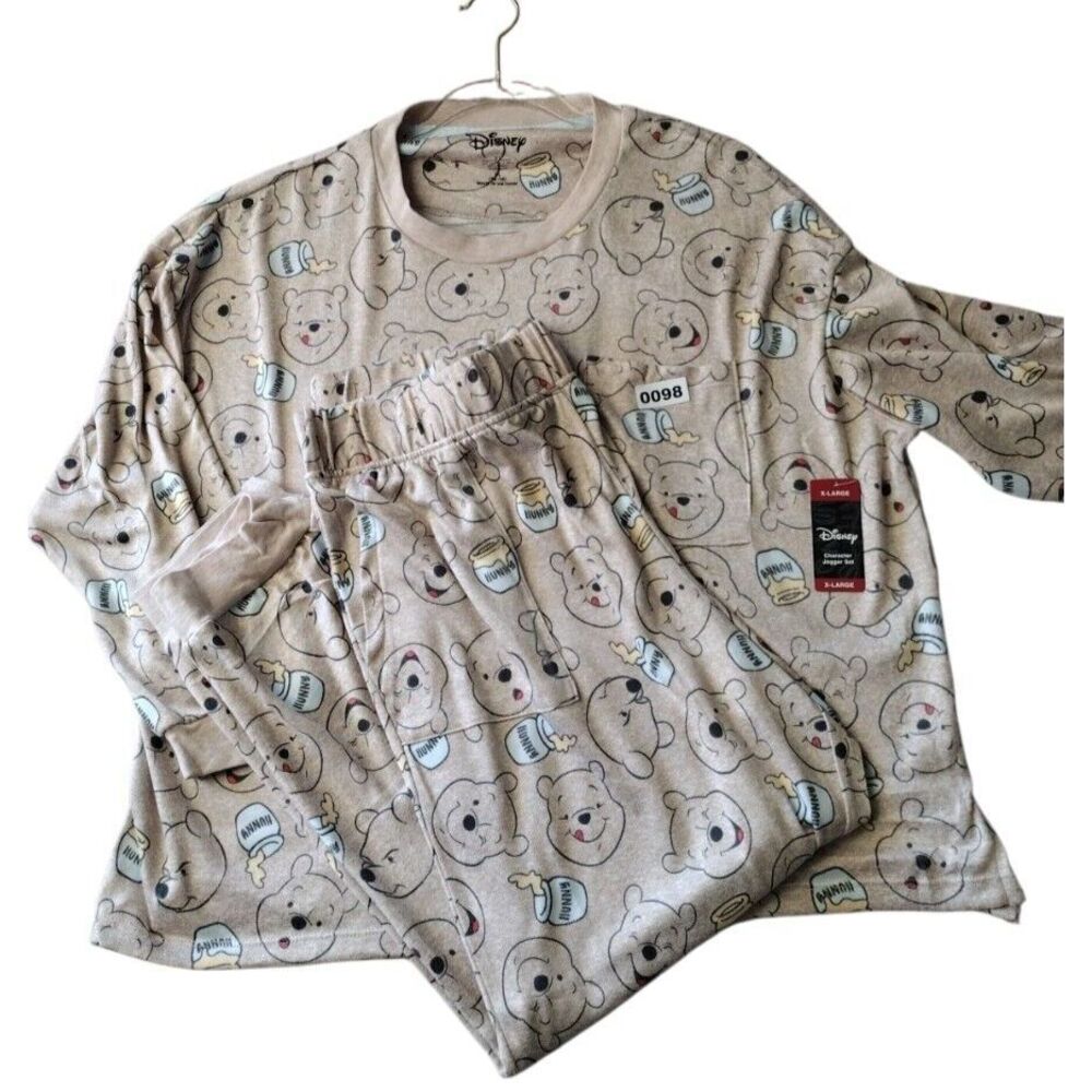 Disney Pajama Set Women XL Tan Winnie the Pooh Lightweight Long Sleeve Crew Neck - Picture 1 of 10